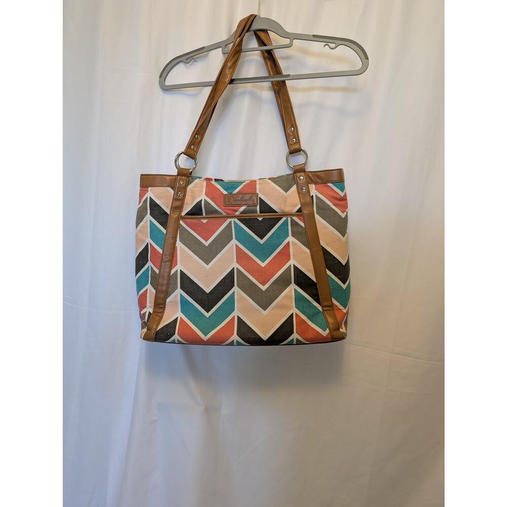Overbrooke Chevron Pattern Tote Bag Canvas Faux Leather Shoulder Handbag laptop